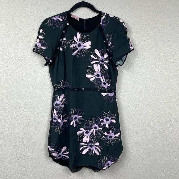 Giamba Floral Studded Grommet Mini Dress Short Sleeve Curves Hem Black Purple L - Picture 1 of 13